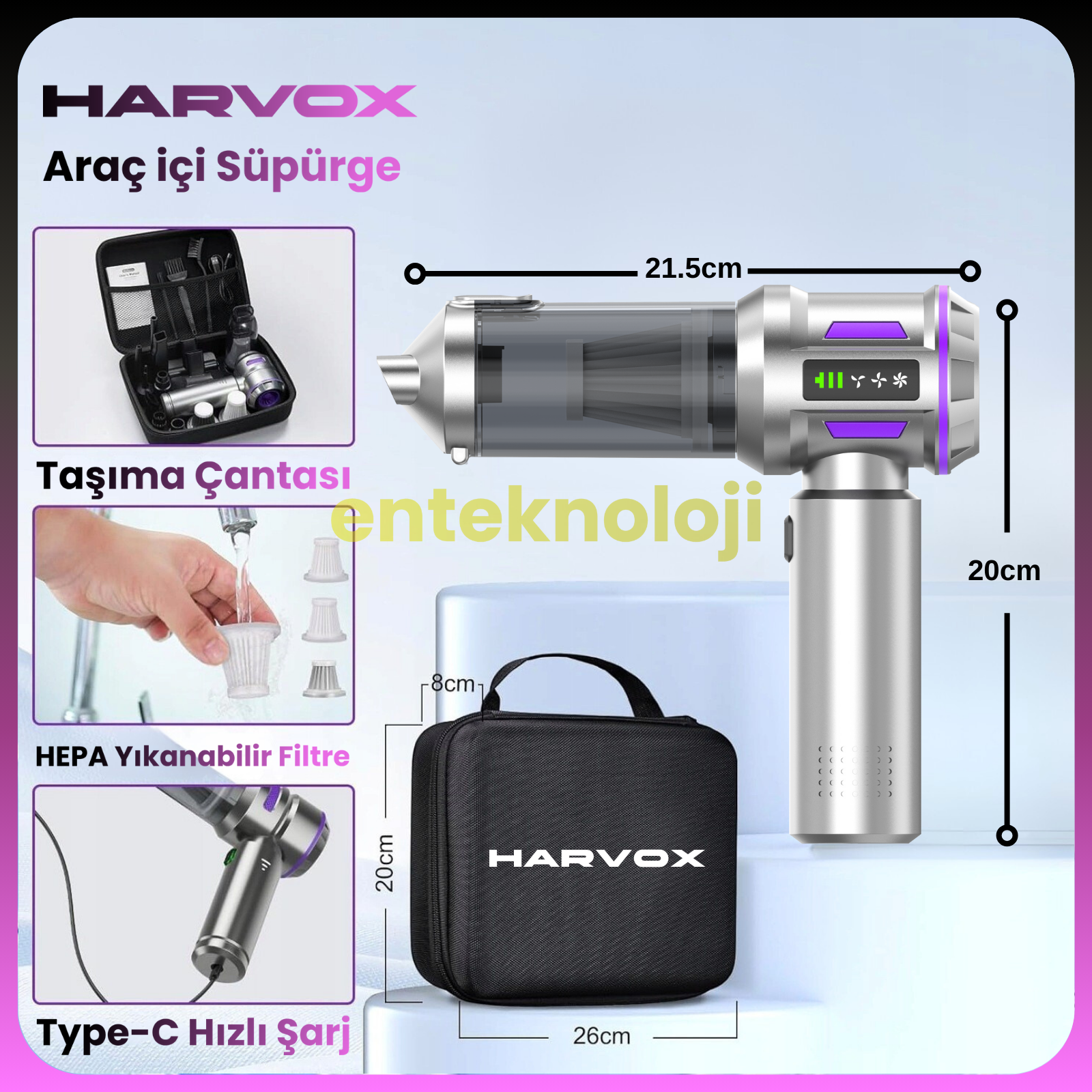 Harvox Araç İçi Süpürgesi HXVC-003 (Gri - Mor)