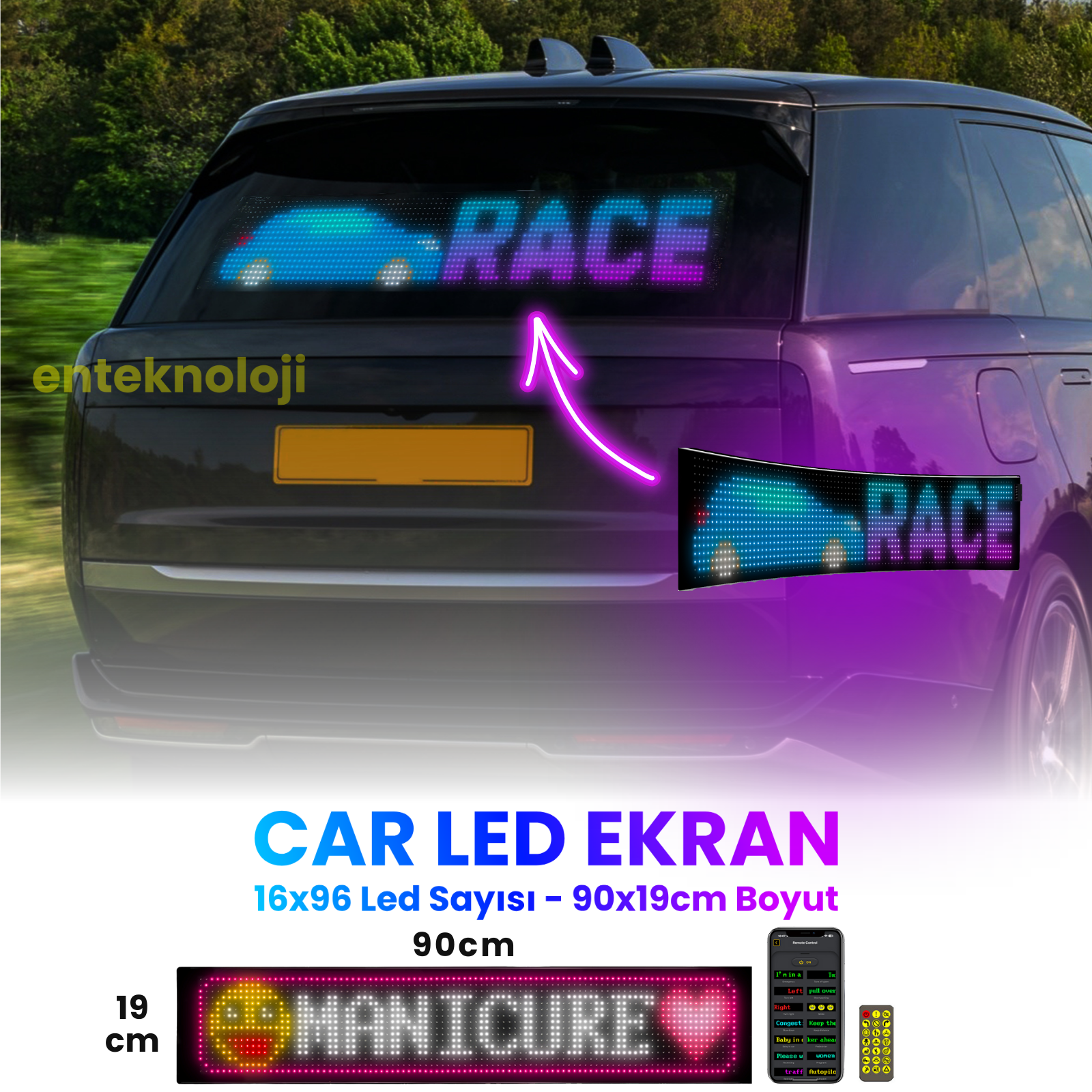 Kişiselleştirilebilir Matrix Car LED Ekran (90x19cm)