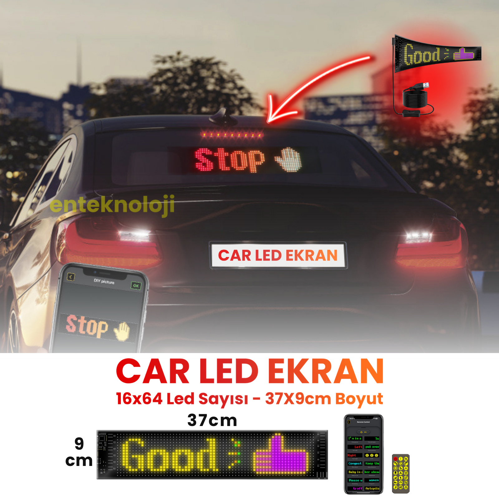 Kişiselleştirilebilir Matrix Car LED Ekran (37x9cm)