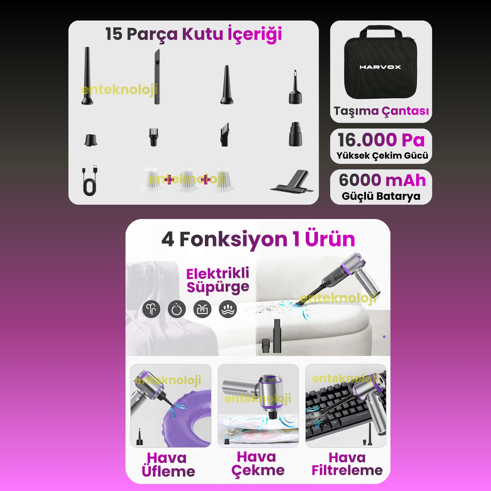 Harvox Araç İçi Süpürgesi HXVC-001 (Gri-Mor)