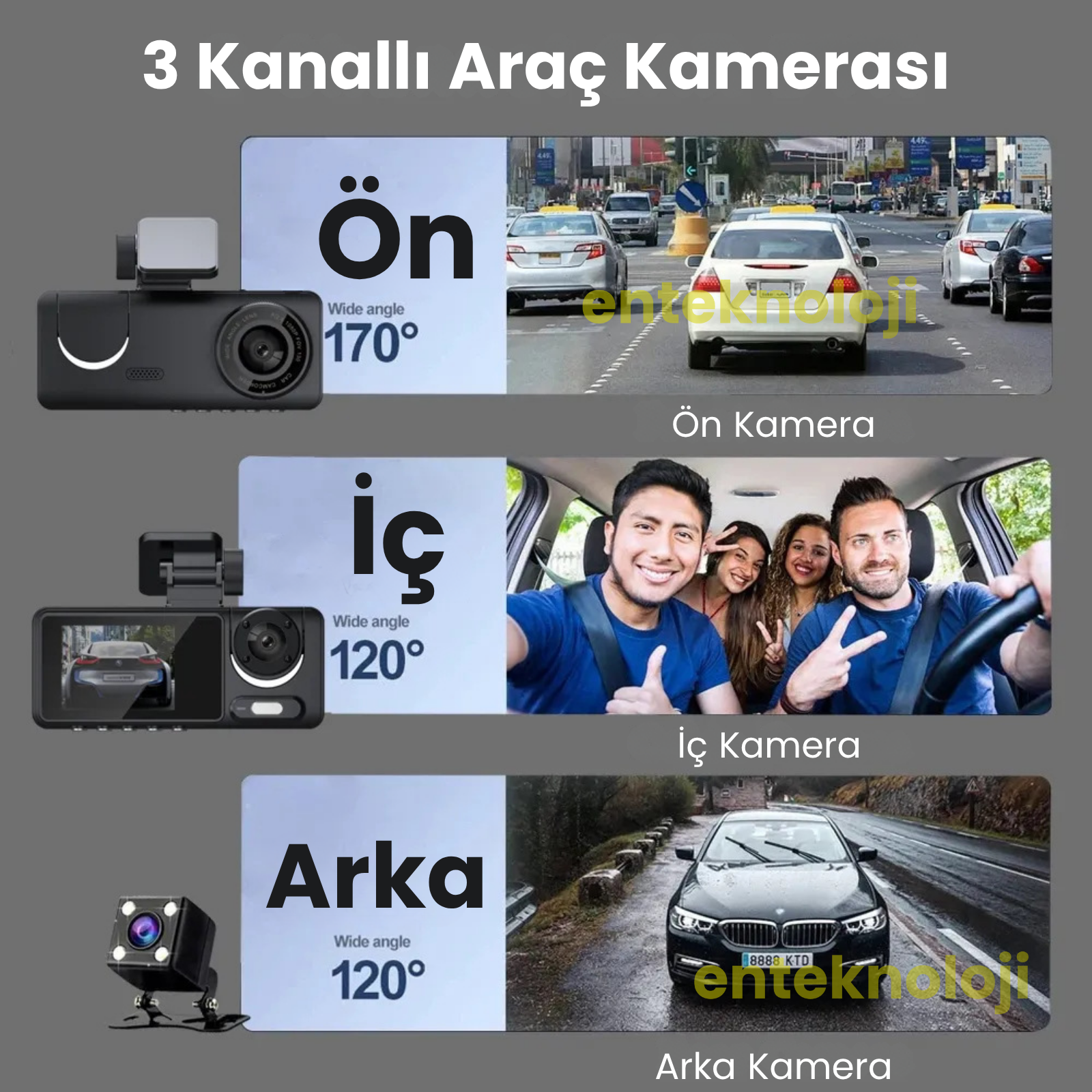 Araç İçi HD Kamera 3 Kameralı C309 (Arka Görüş Kamerası Hediye)