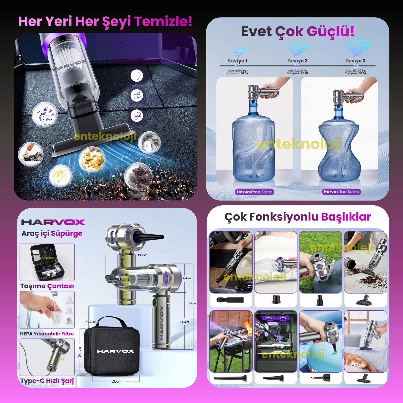 Harvox Araç İçi Süpürgesi HXVC-001 (Gri-Mor)