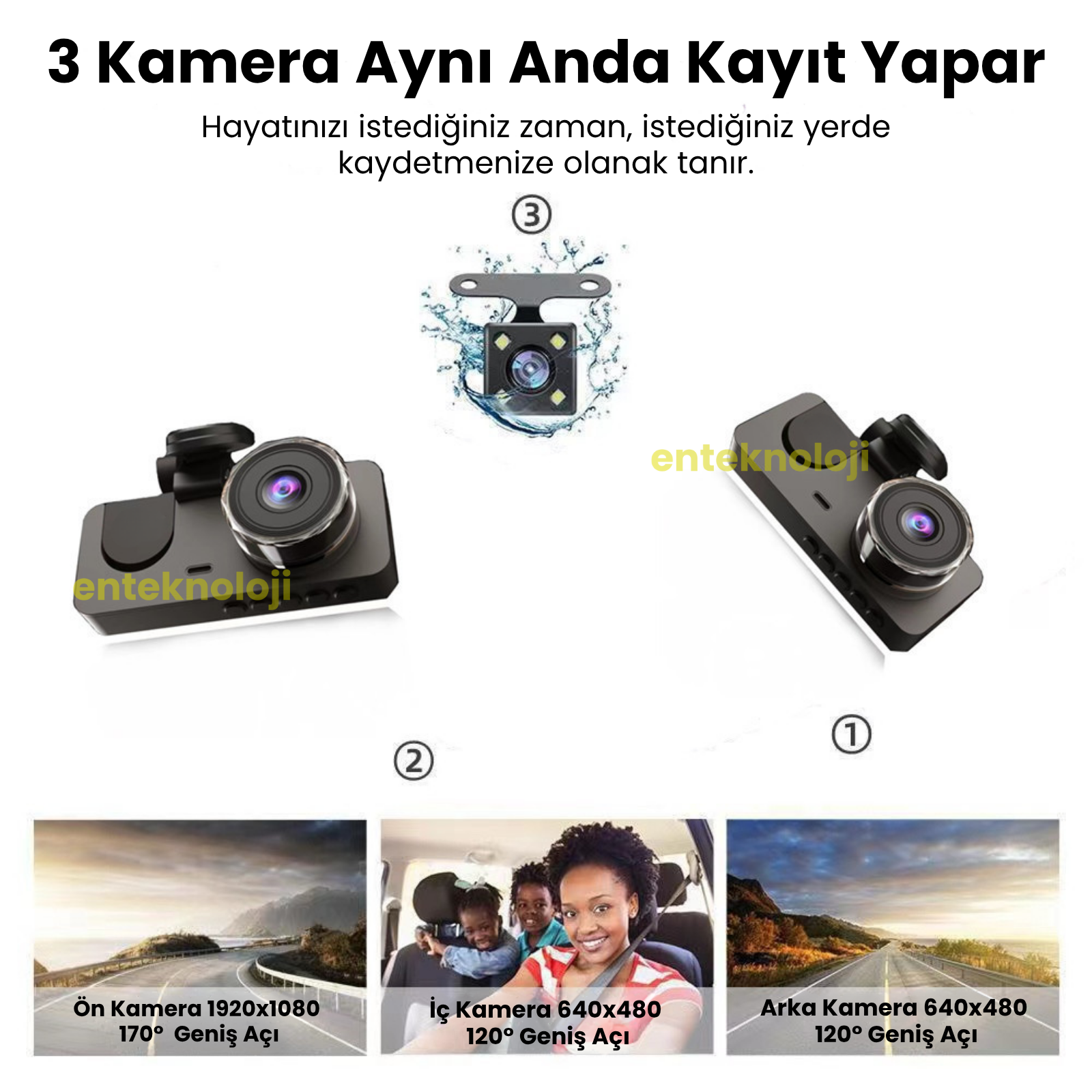 Araç İçi HD Kamera 3 Kameralı Y15 (Arka Görüş Kamerası Hediye)