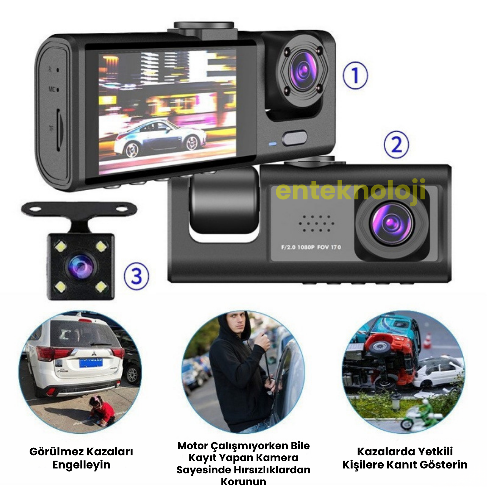 Araç İçi HD Kamera 3 Kameralı C309 (Arka Görüş Kamerası Hediye)