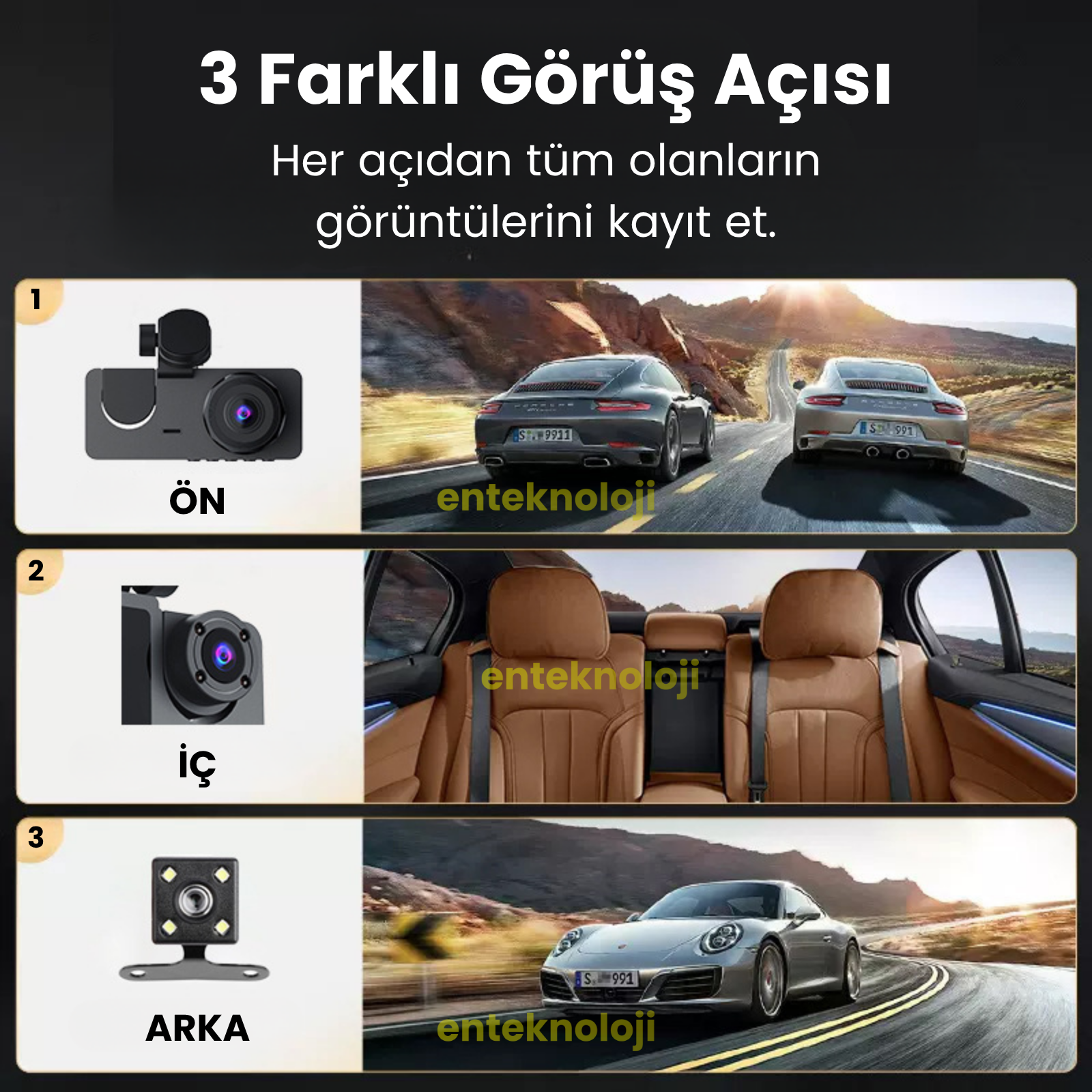 Araç İçi HD Kamera 3 Kameralı Y15 (Arka Görüş Kamerası Hediye)