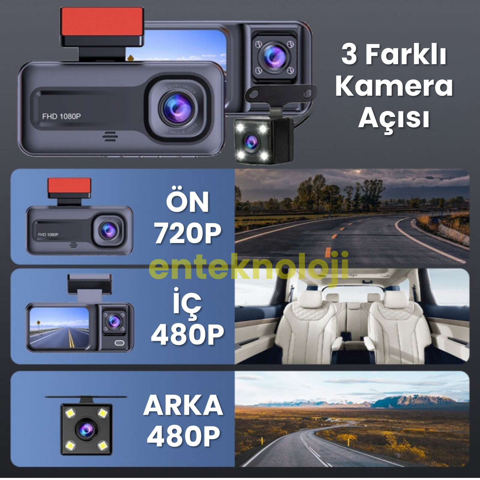 Araç İçi Hd Kamera 3 Kameralı A98 (Arka Görüş Kamerası Hediyeli)