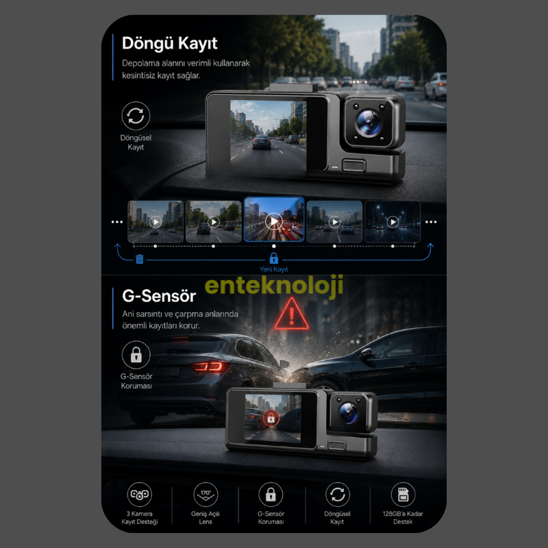 Araç İçi HD Kamera 3 Kameralı (Arka Görüş Kamerası Hediye)