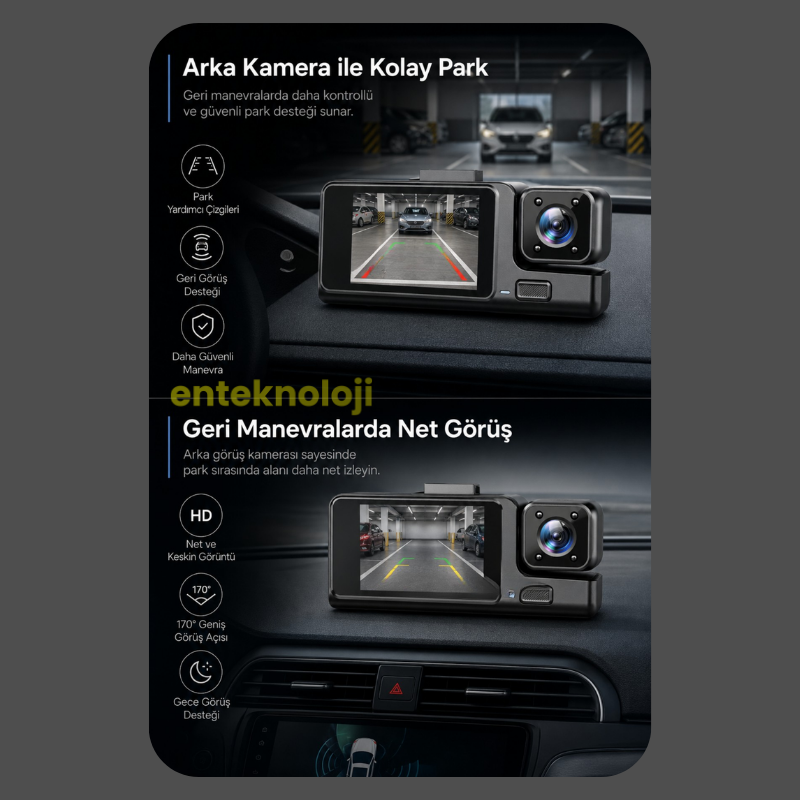 Araç İçi HD Kamera 3 Kameralı (Arka Görüş Kamerası Hediye)