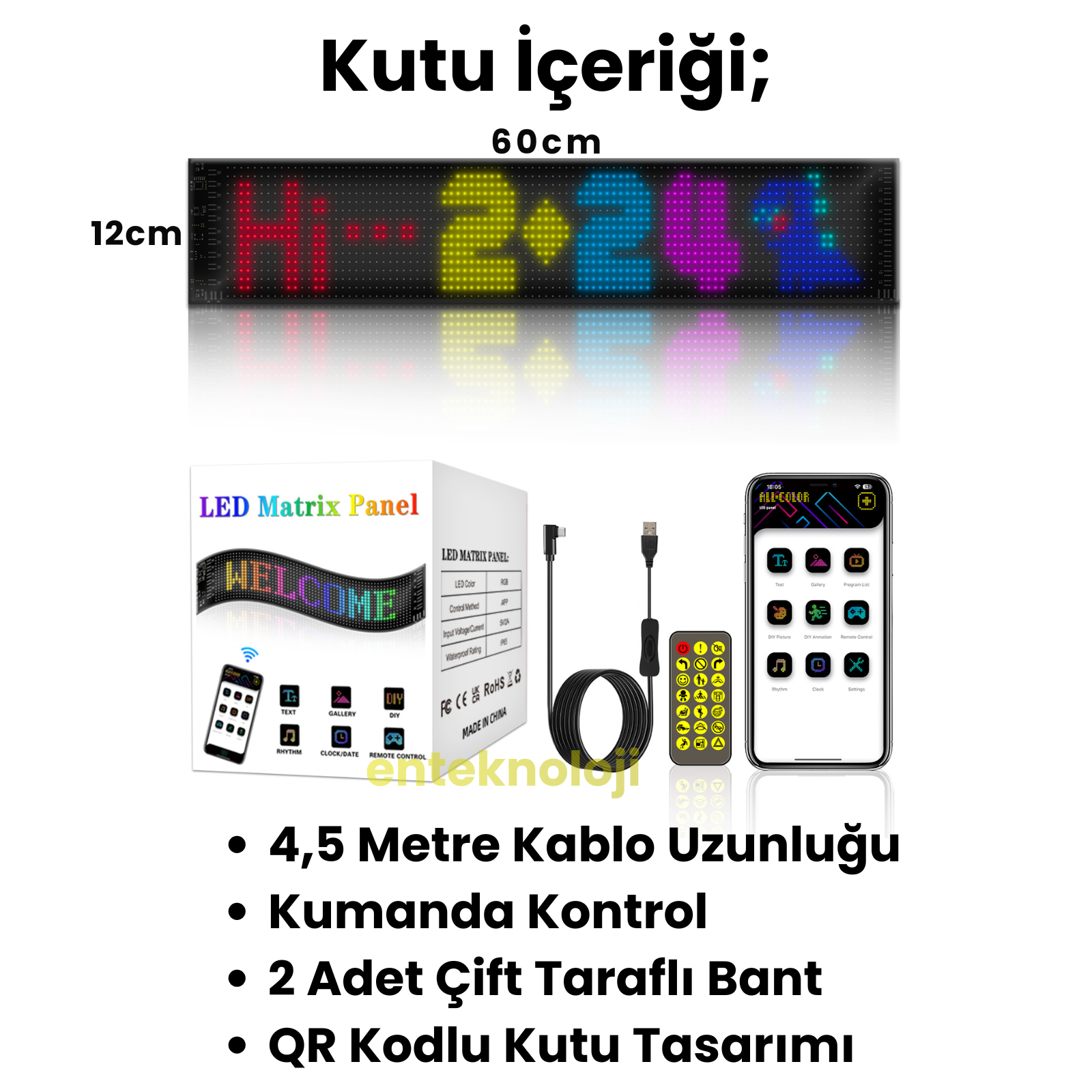 Kişiselleştirilebilir Matrix Car LED Ekran (60x12cm)