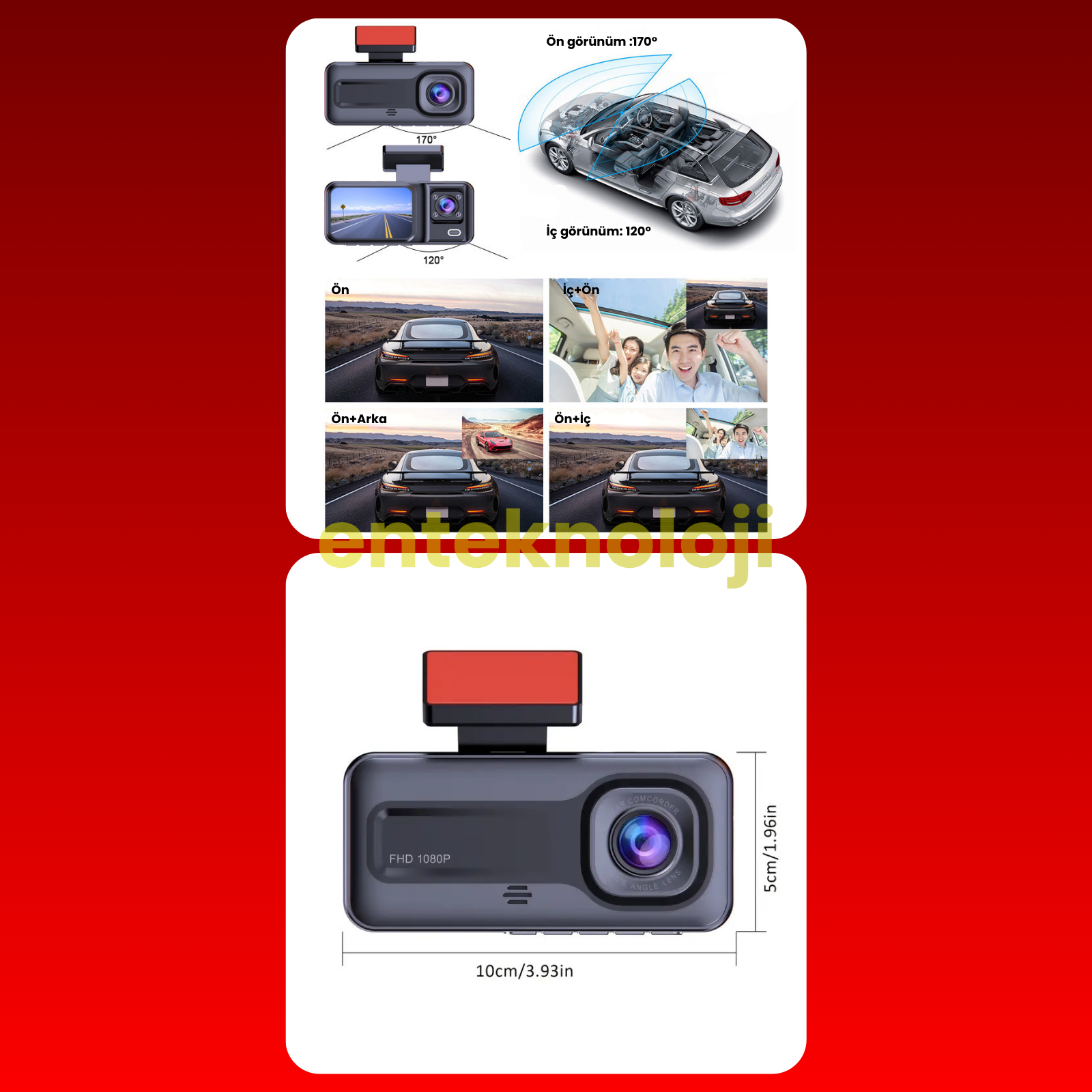 Araç İçi Hd Kamera 3 Kameralı A98 (Arka Görüş Kamerası Hediyeli)